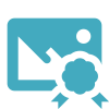 Blue icon of an image placeholder with a ribbon award badge symbol.