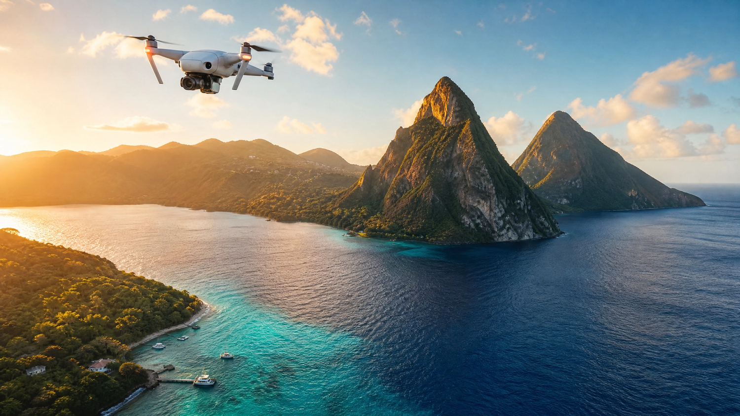 Drone flying over the iconic twin Piton peaks of St. Lucia with turquoise Caribbean waters at sunset.