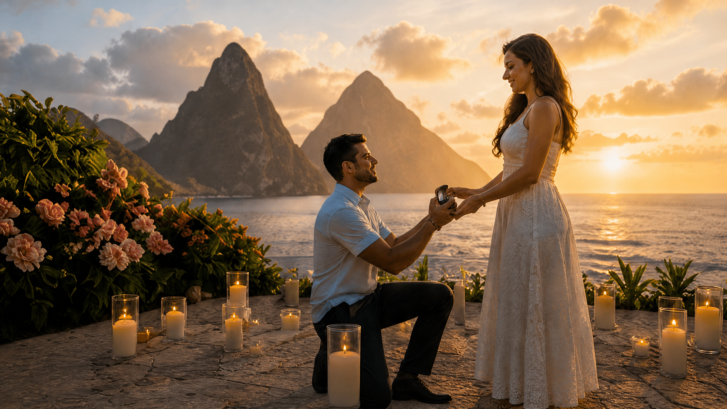 Romantic sunset marriage proposal with candles and flowers overlooking St. Lucia's iconic twin Piton peaks.