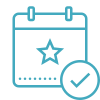 Blue calendar icon with a star and checkmark representing scheduled events or booking confirmation.