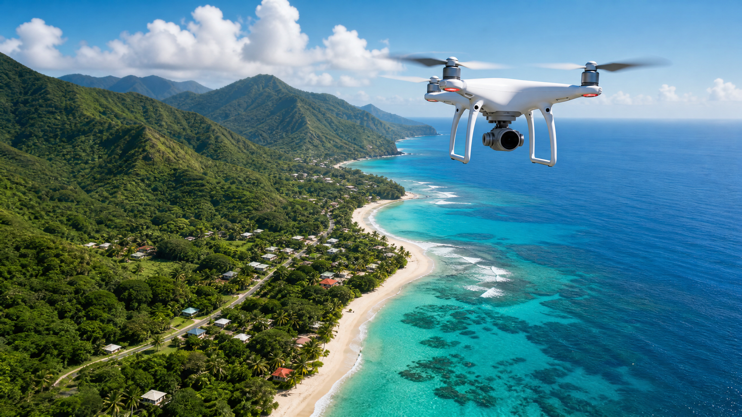 White drone flying over lush tropical coastline with turquoise ocean and green mountains.