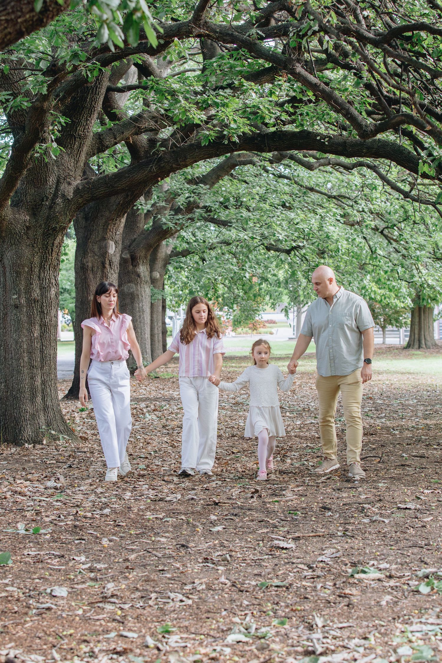 Family of four walking hand-in-hand through a tree-lined park path on a sunny day.