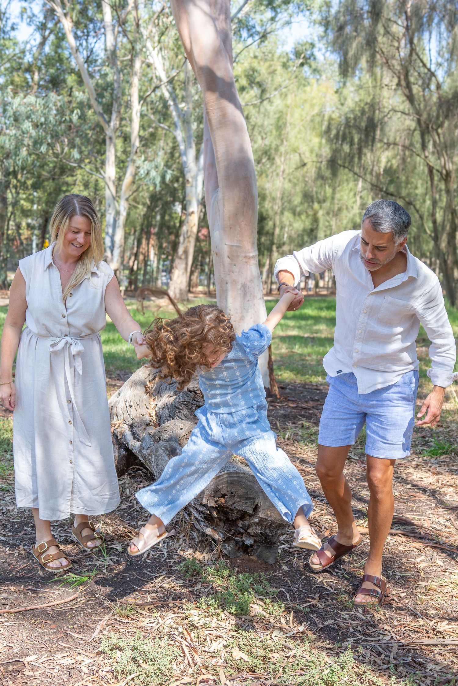 Family with curly-haired child climbing a fallen log in a sunlit eucalyptus forest, parents holding hands with child.