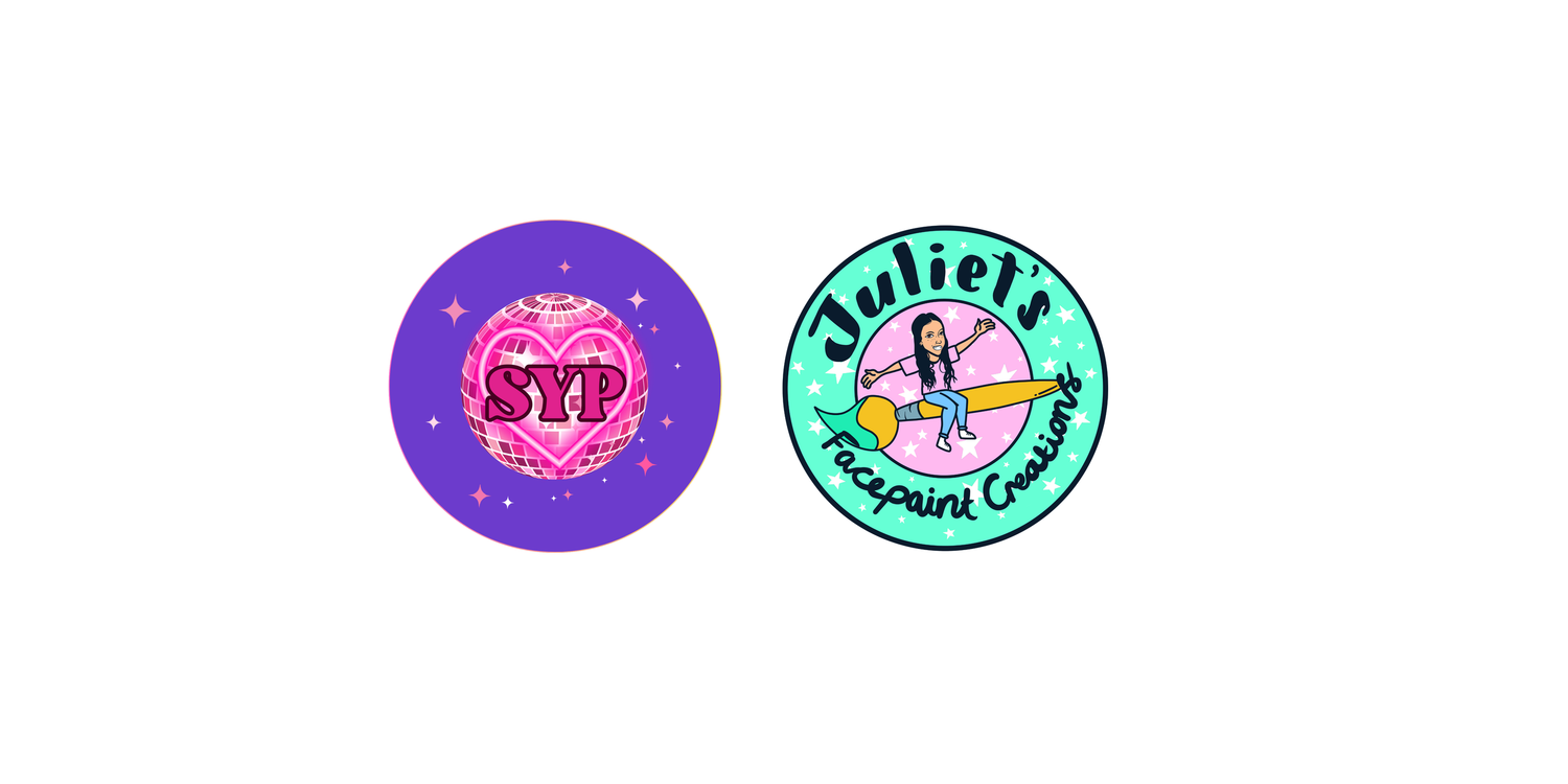 Two circular logos featuring SYP in pink on purple and Juliet's Faceprint Creations with an illustrated artist on teal.