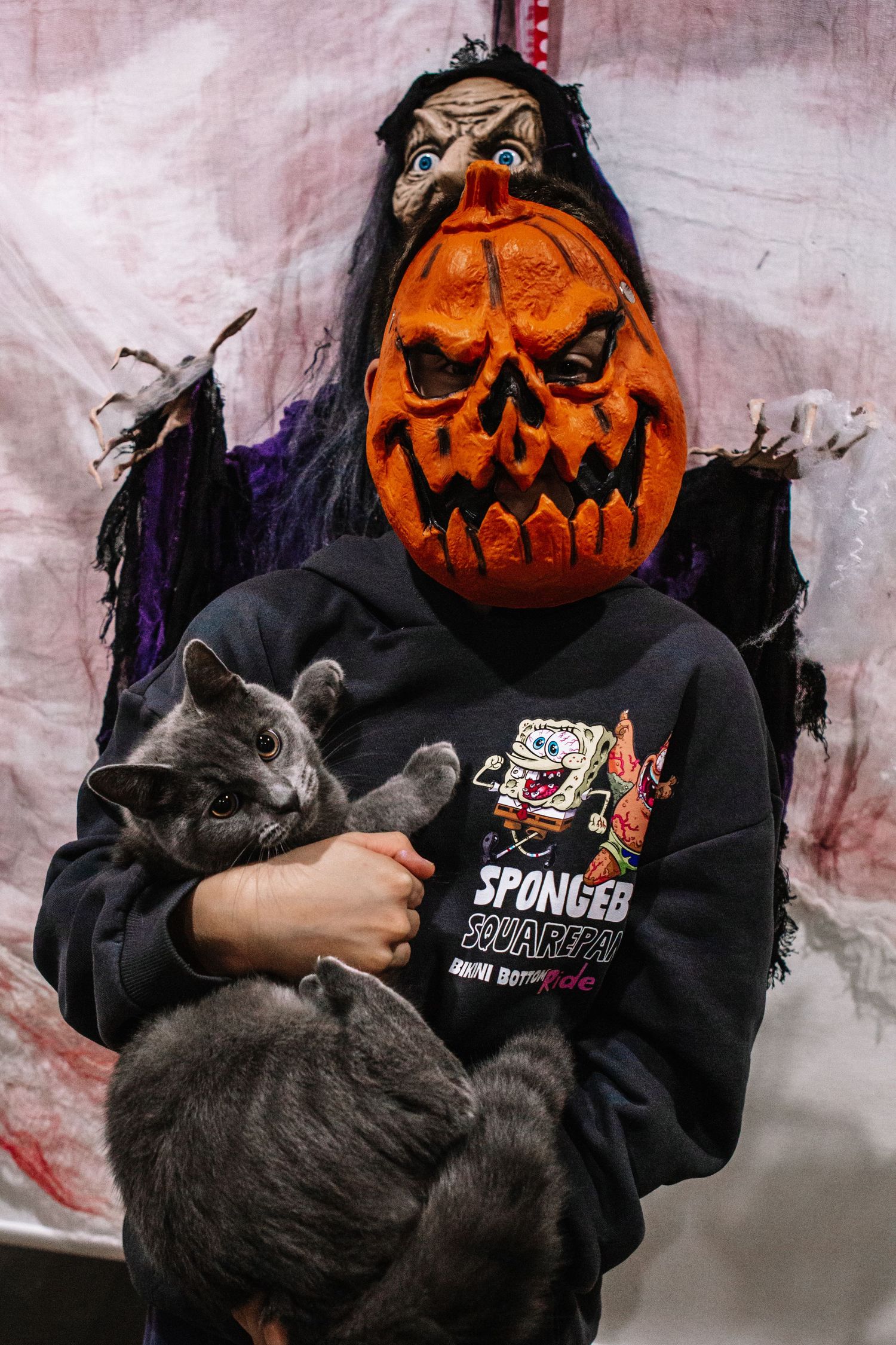 Child wearing a Halloween pumpkin mask and SpongeBob hoodie holds a gray cat indoors.