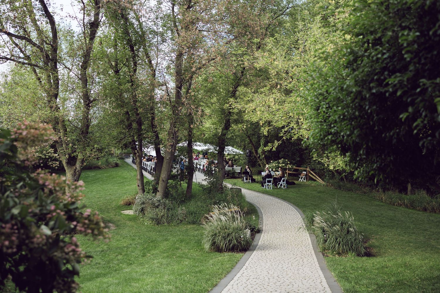 A curved paved pathway winds through a lush green park lined with tall trees and shrubs on a bright spring day.