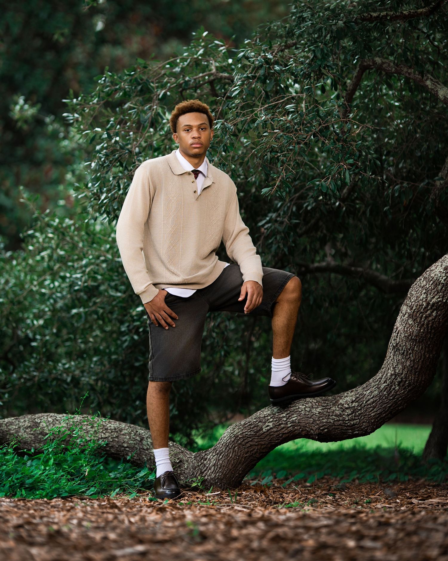 Young man in beige sweater stands on a curved tree trunk in lush greenery.