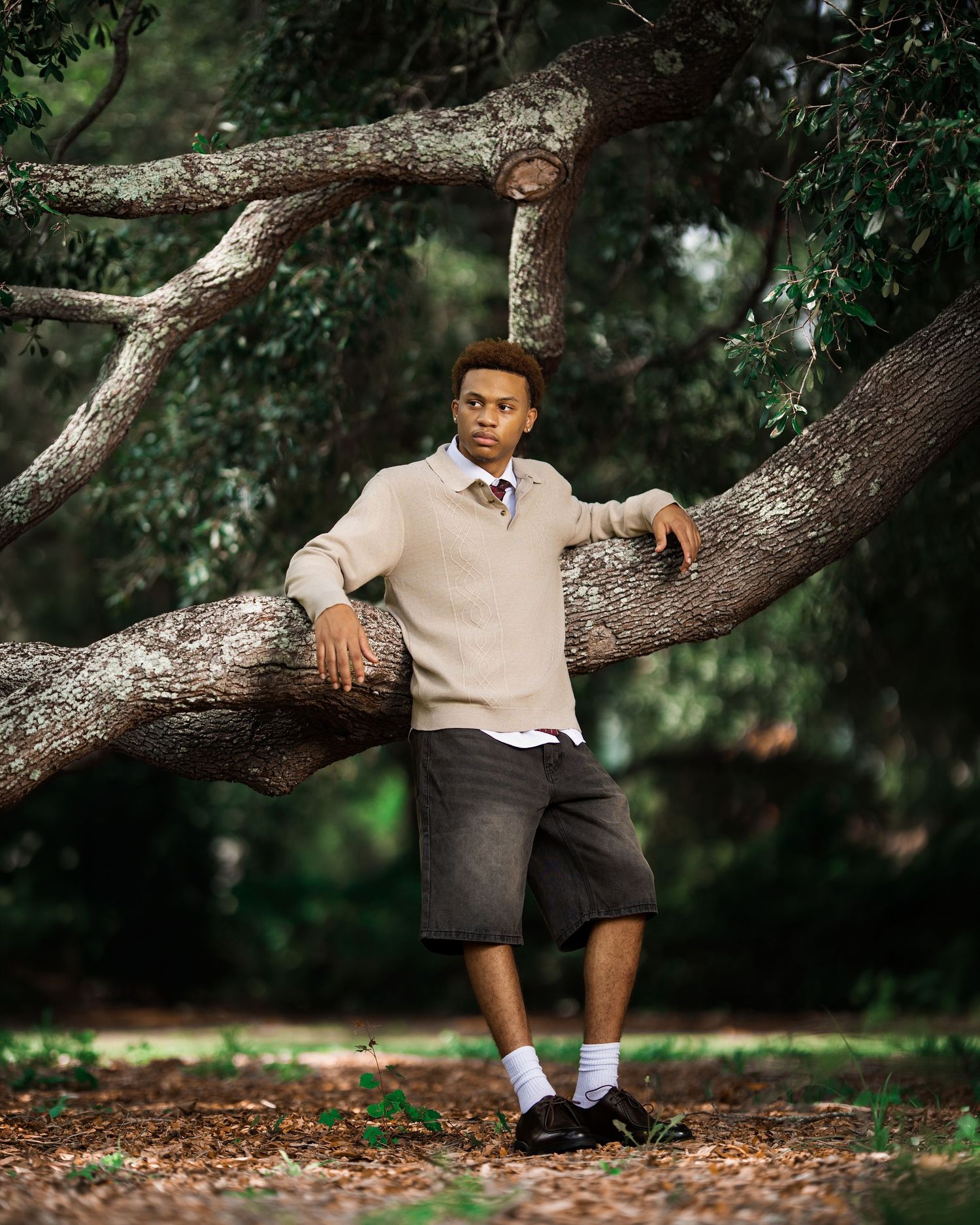 Young man in beige sweater and shorts leans against a large tree in a forest.
