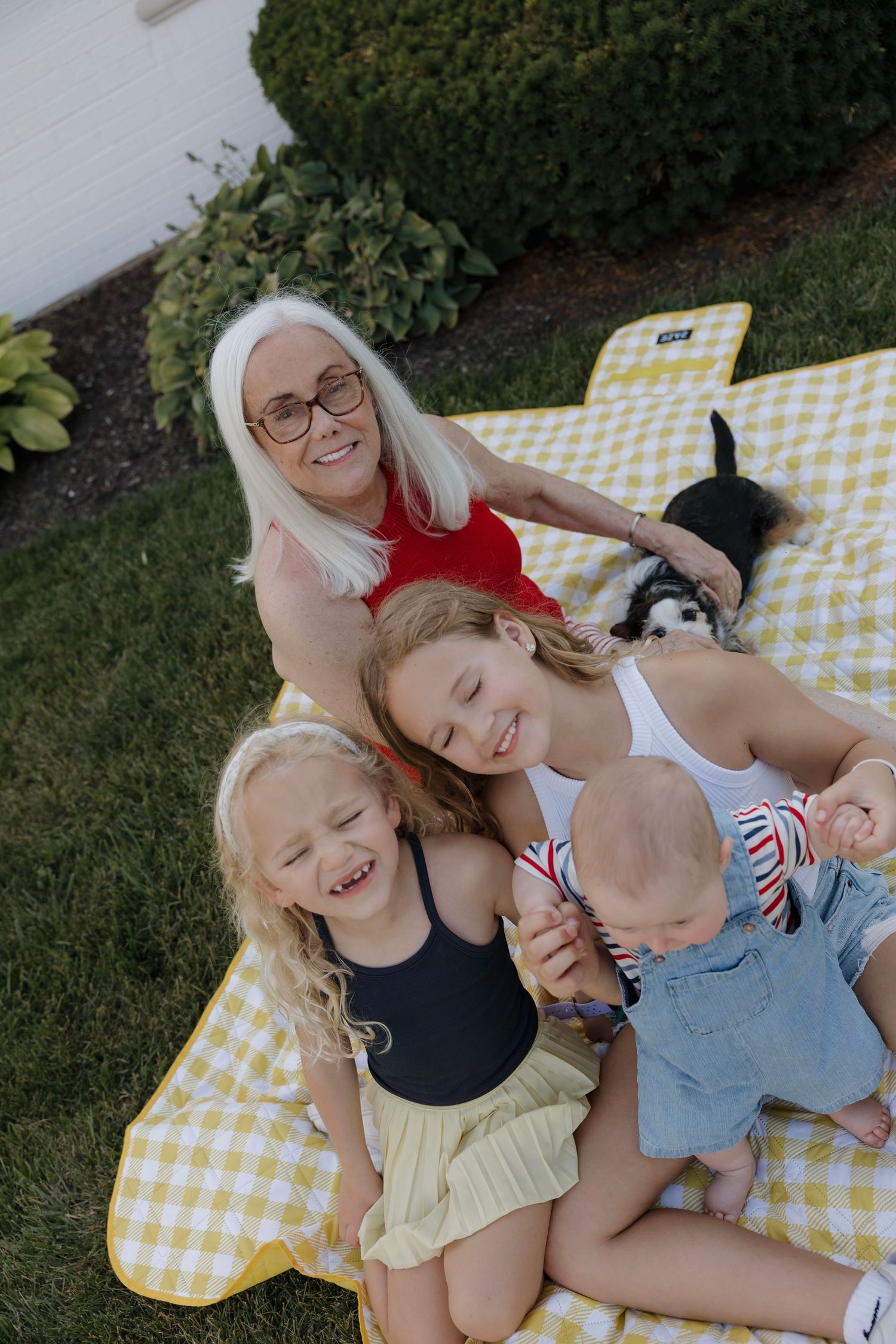Grandmother with white hair and glasses sits on yellow gingham blanket outdoors with three grandchildren and a puppy.