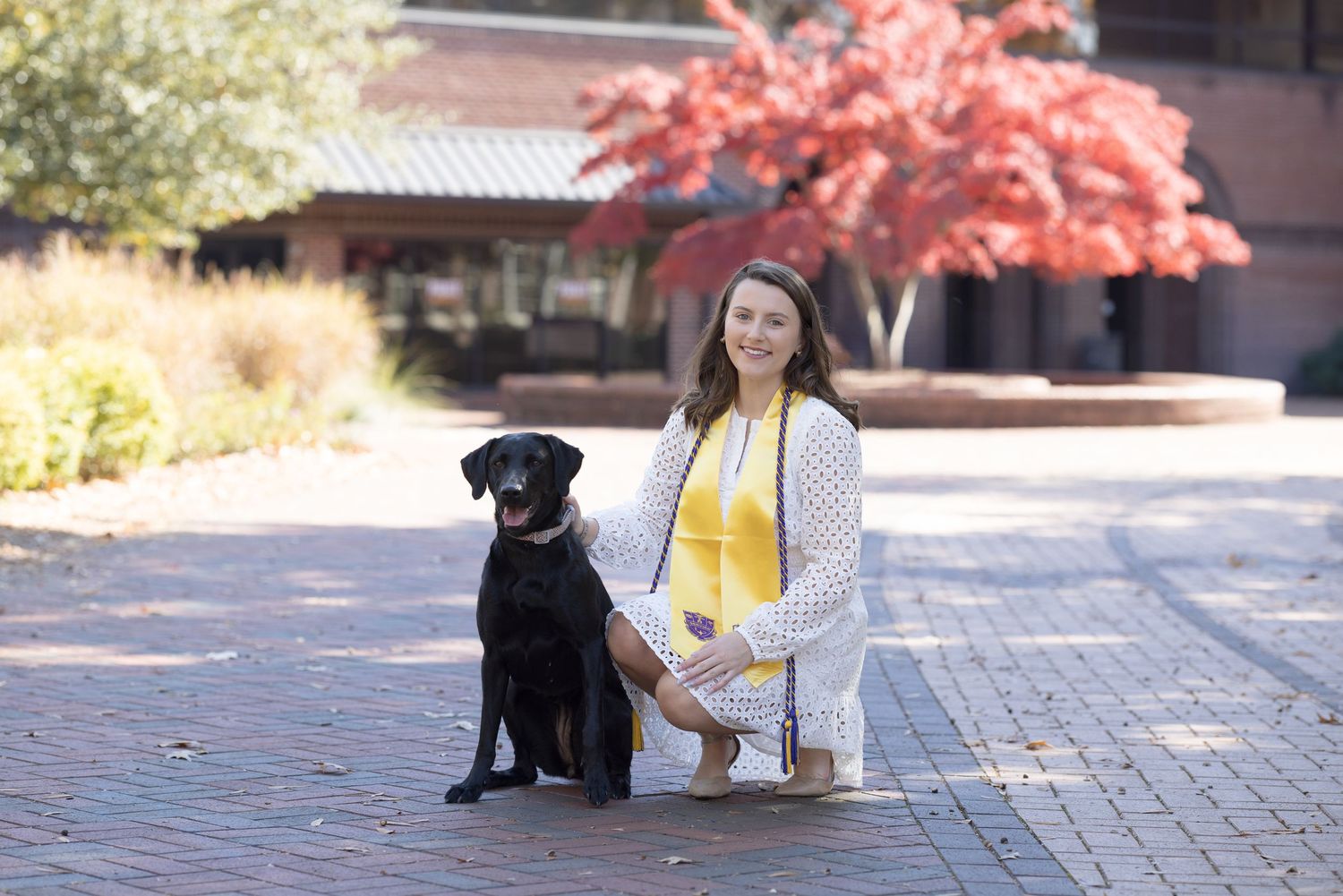 A black dog sits with a person in a yellow sweater on brick pavement in autumn.