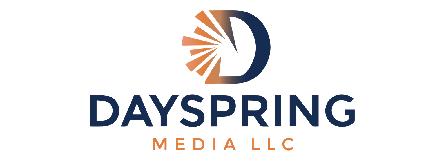 Three variations of the Dayspring Media LLC logo design featuring orange and navy blue colors.