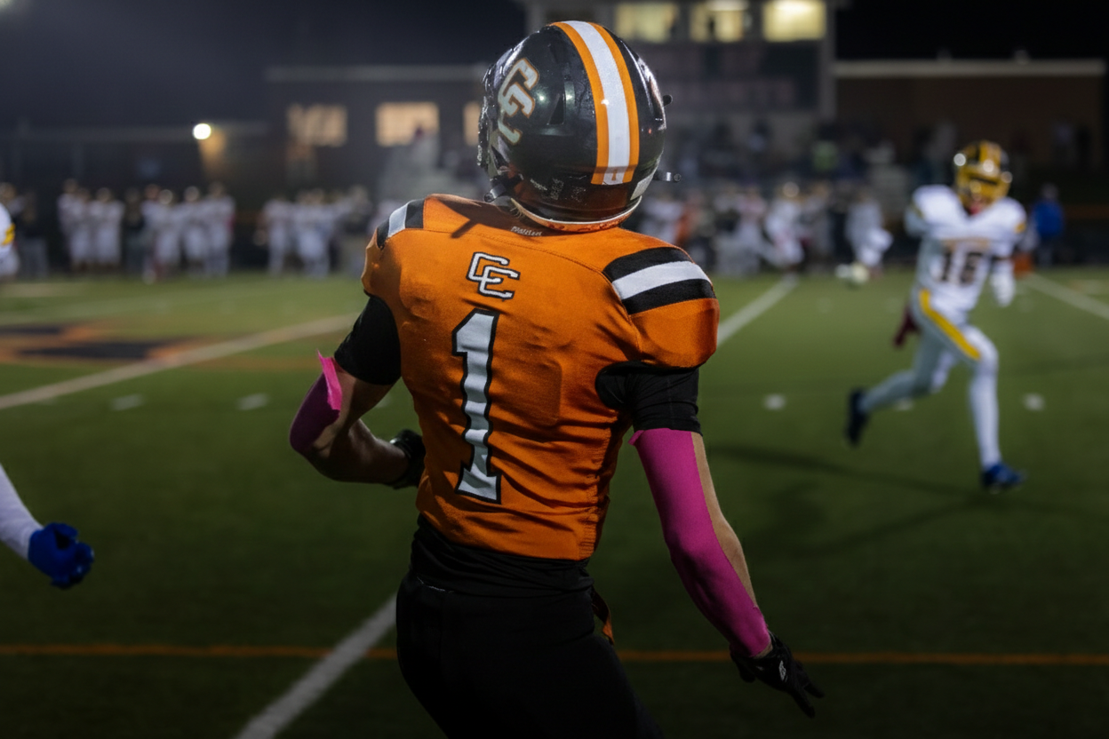 Football player in orange jersey with number 4 stands on field during nighttime game. Studio portrait of a youth athlete. Team photos.
