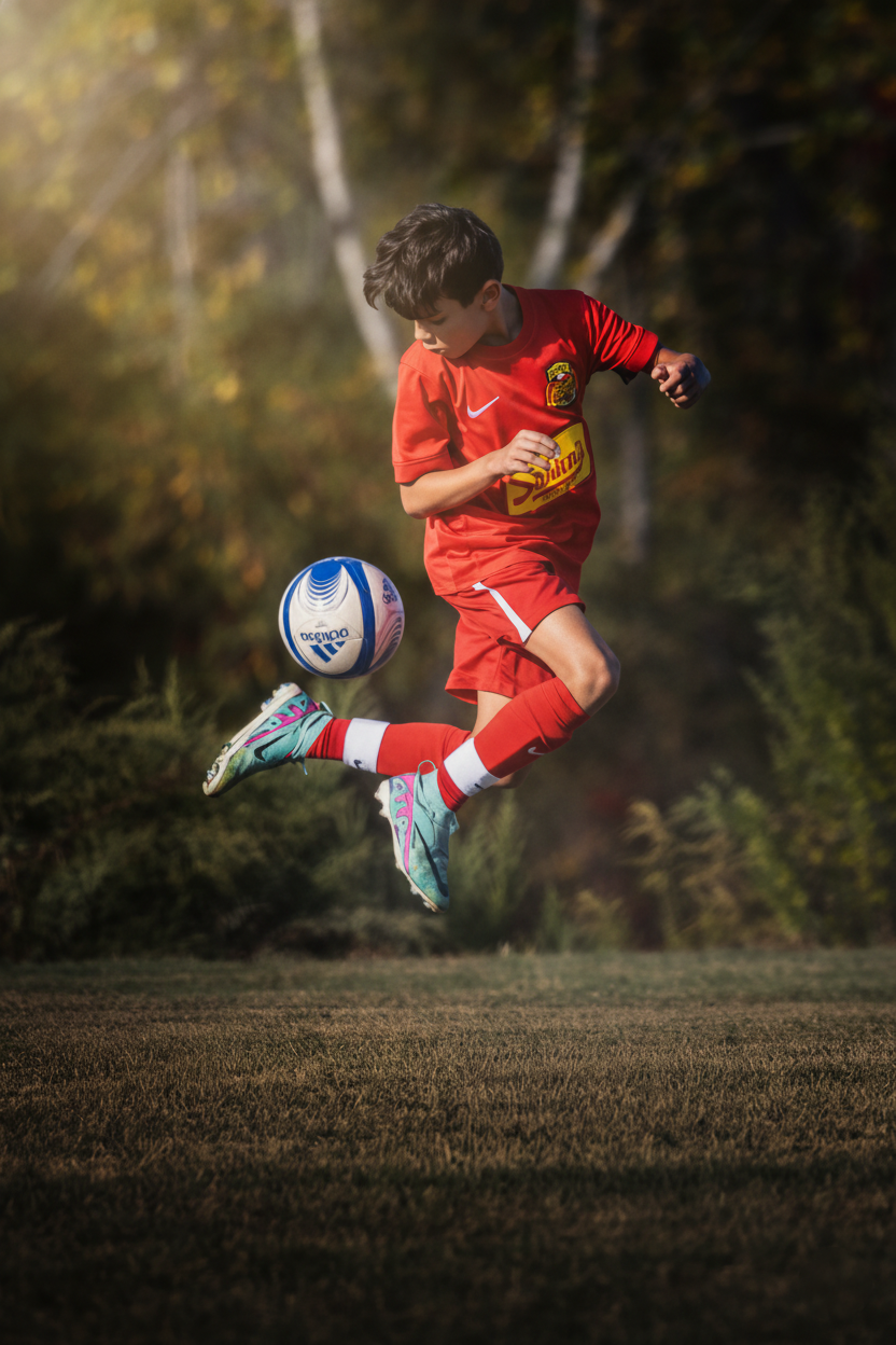 Young athlete in red uniform jumps to kick soccer ball against blurred forest background. Studio portrait of a youth athlete. Team photos.