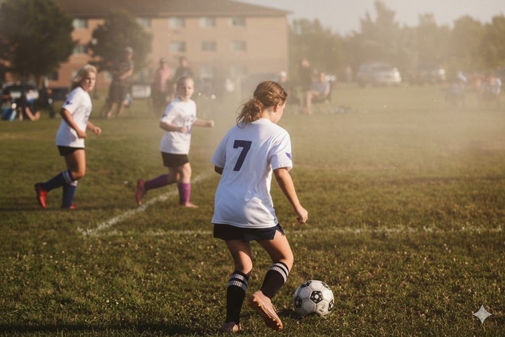 Soccer player dribbles ball on misty field during sunset practice session. Studio portrait of a youth athlete. Team photos.