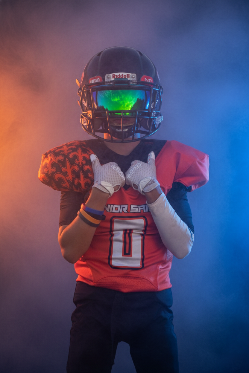 Football player wearing orange and black uniform with helmet in dramatic lighting. Studio portrait of a youth athlete. Team photos.