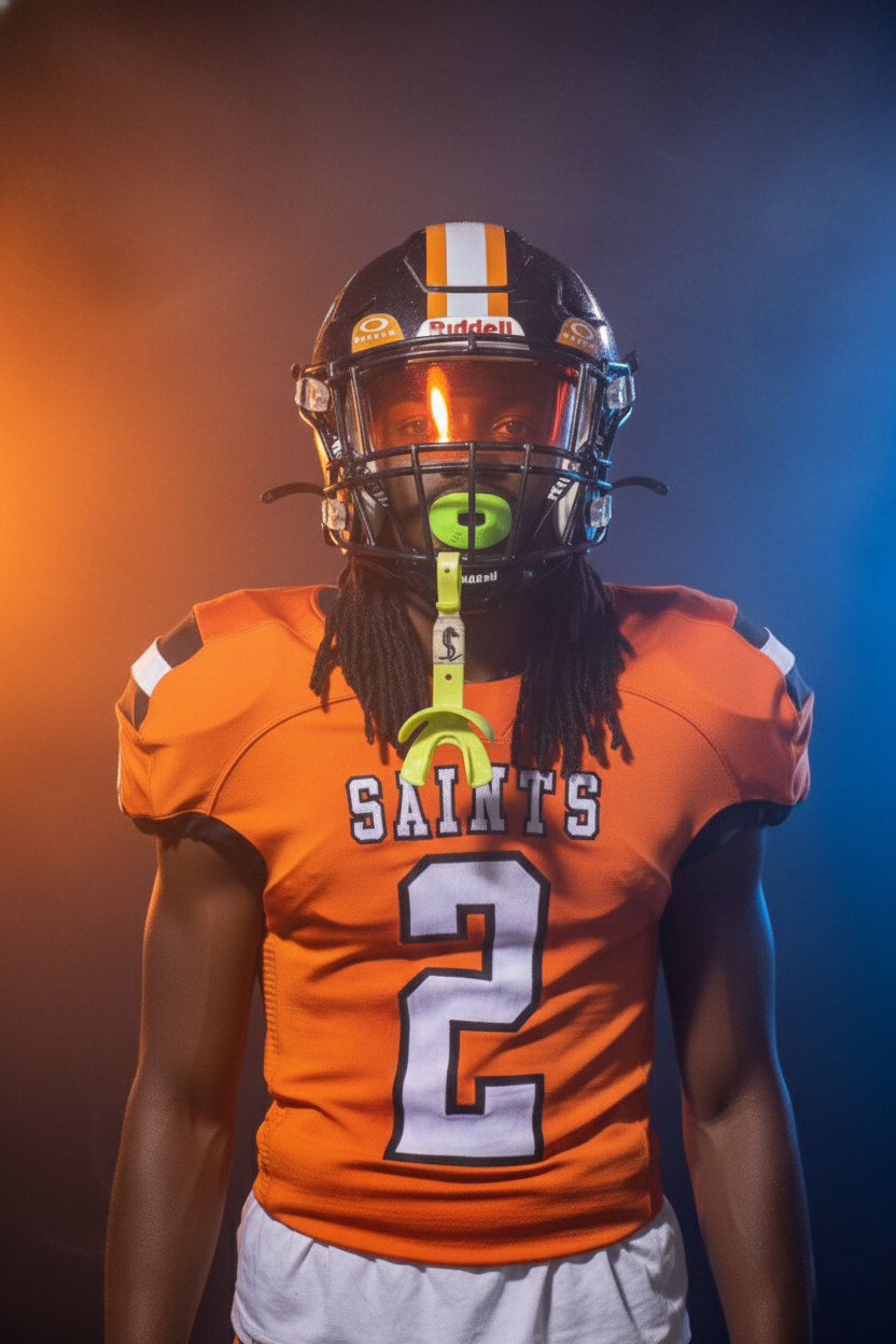 Orange football jersey with Saints team branding displayed against dramatic lighting. Studio portrait of a youth athlete. Team photos.