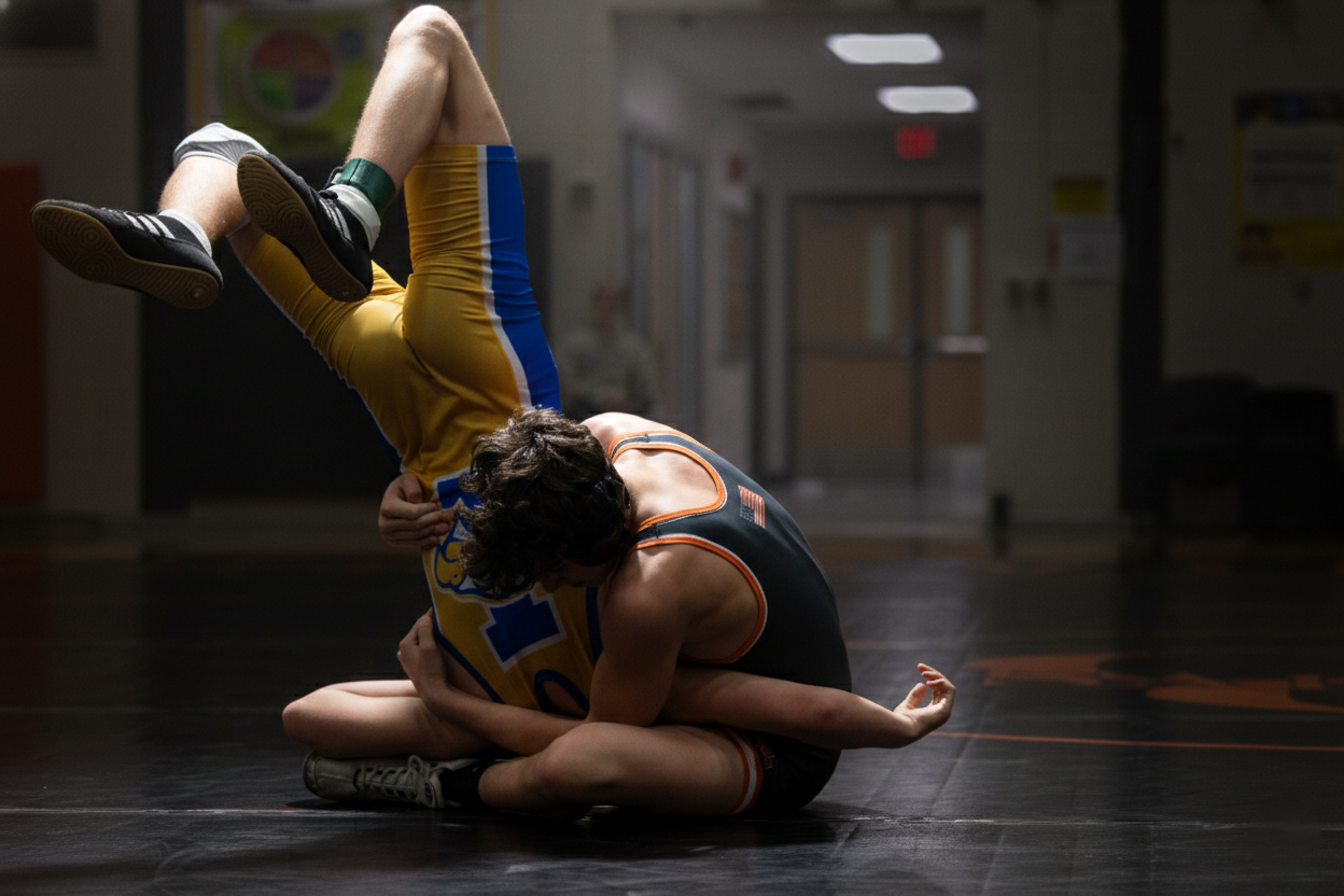 Wrestling competitors grappling on the mat during an indoor match. Studio portrait of a youth athlete. Team photos.