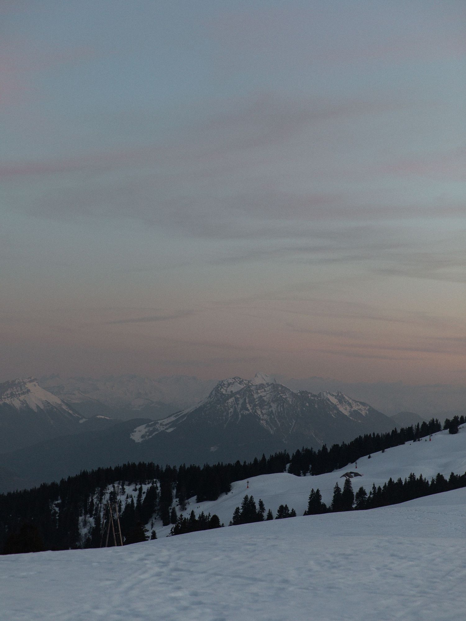 Panoramic view of snow-covered mountain peaks at sunset with silhouetted evergreen trees in the foreground.
