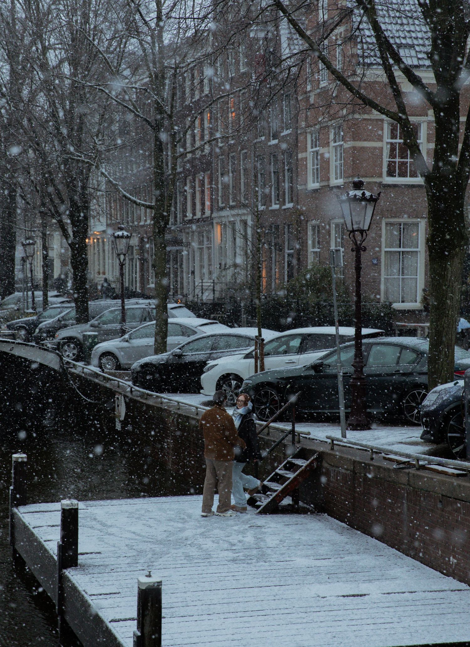 Snow falling on a quiet residential street with parked cars and historic buildings.