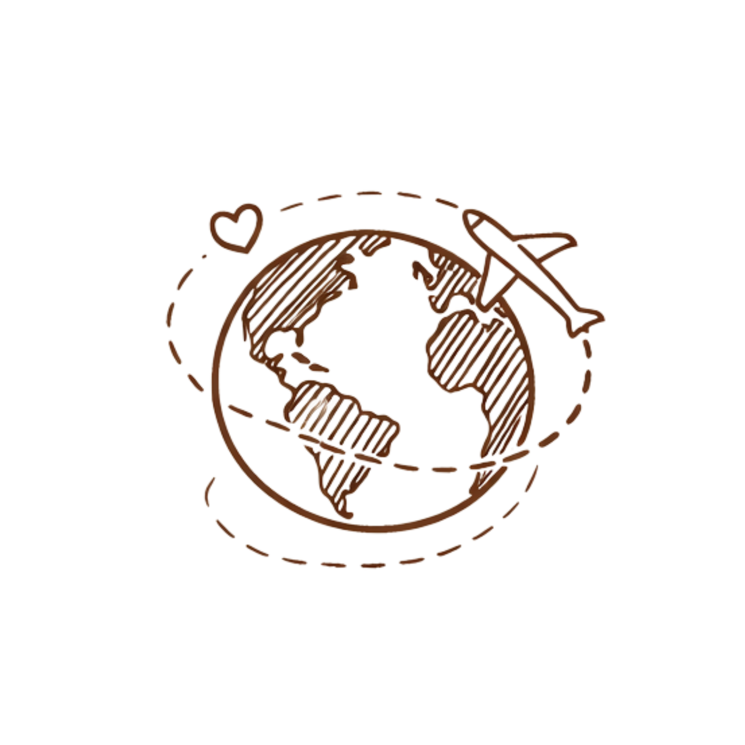 Simple line drawing of Earth with a heart and airplane circling around it.