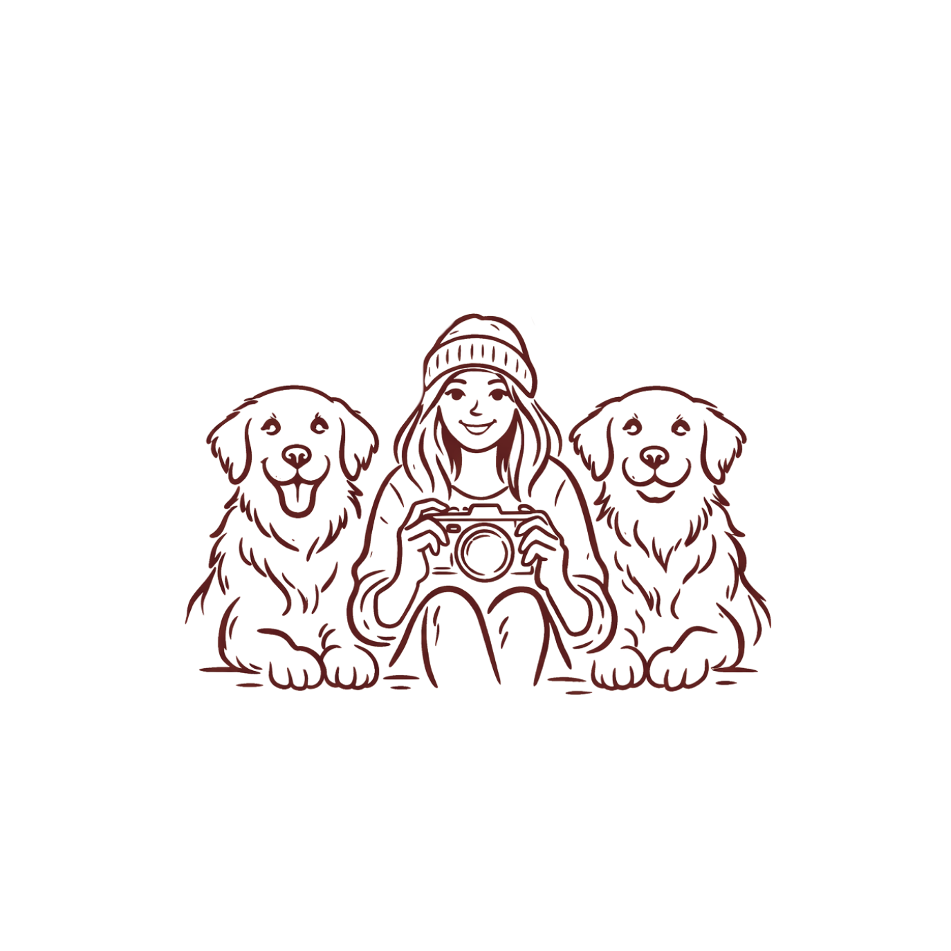 Simple line drawings of cute puppies and figures in a decorative border design.