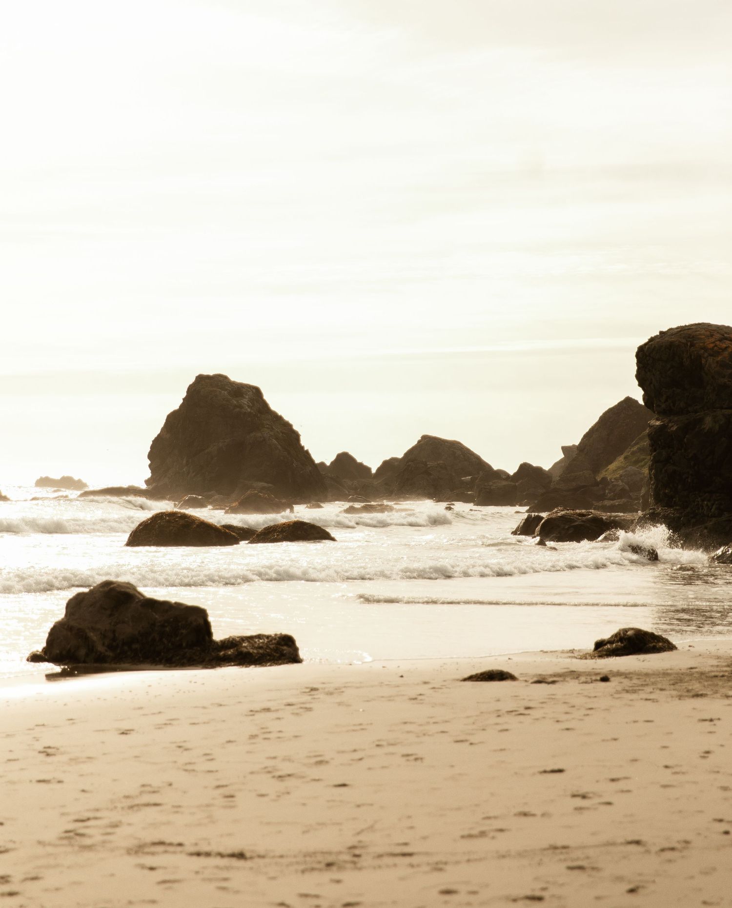 Rocky coastal beach landscape with large boulders and crashing waves in sepia tones.