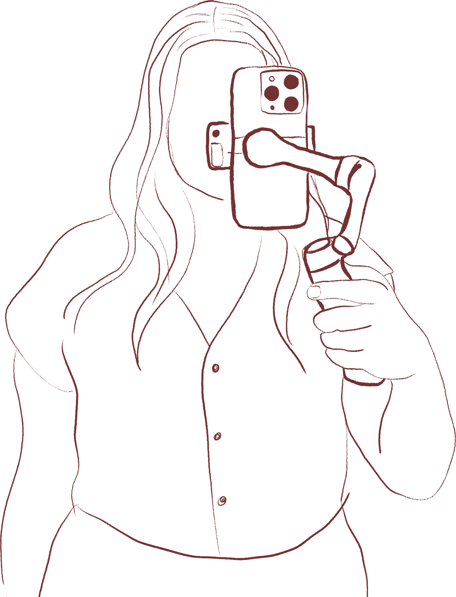 Handgetekende lijntekening van Savannah als wedding content creator met gimbal en smartphone, illustratie door Savannah