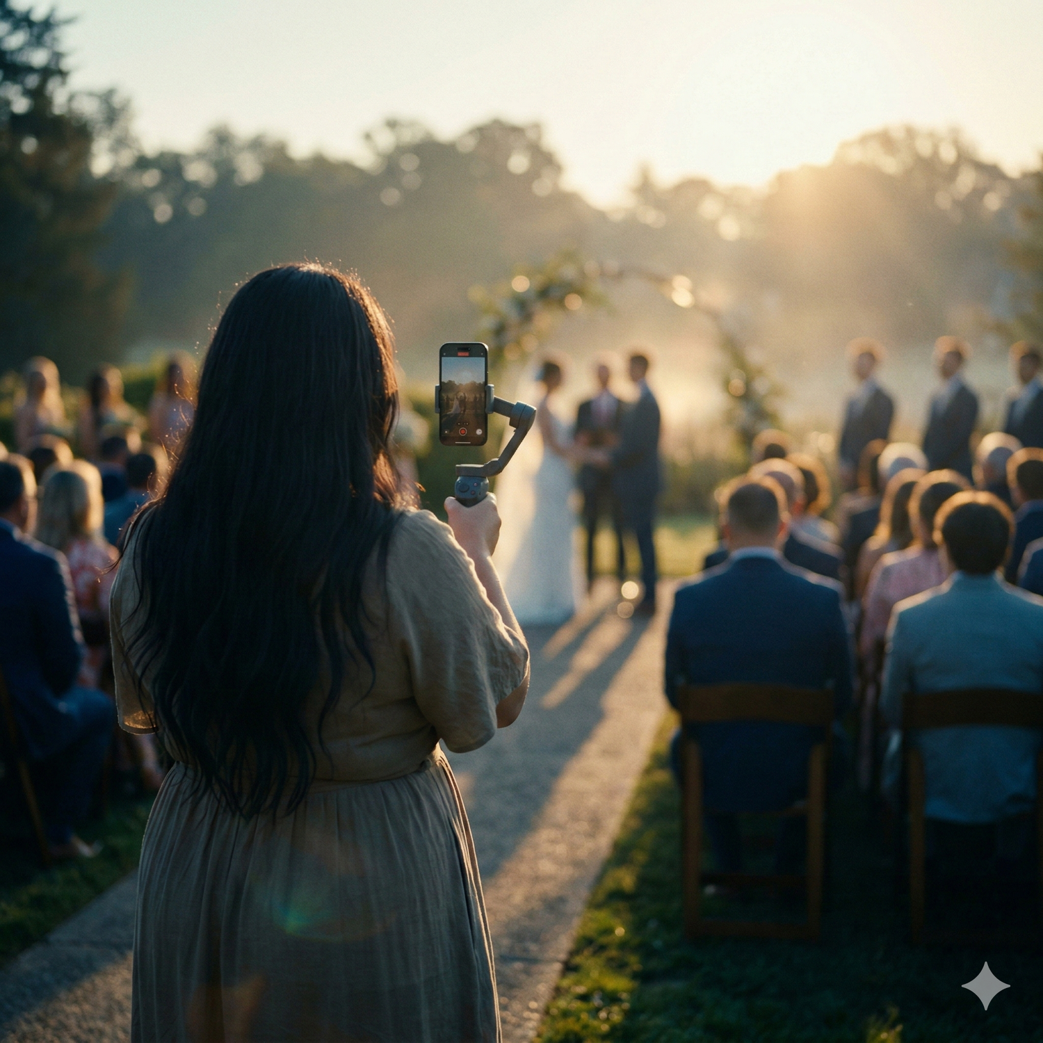 Wedding content creator Savannah filmt huwelijksceremonie buiten bij zonsondergang, vanuit het perspectief van de gasten