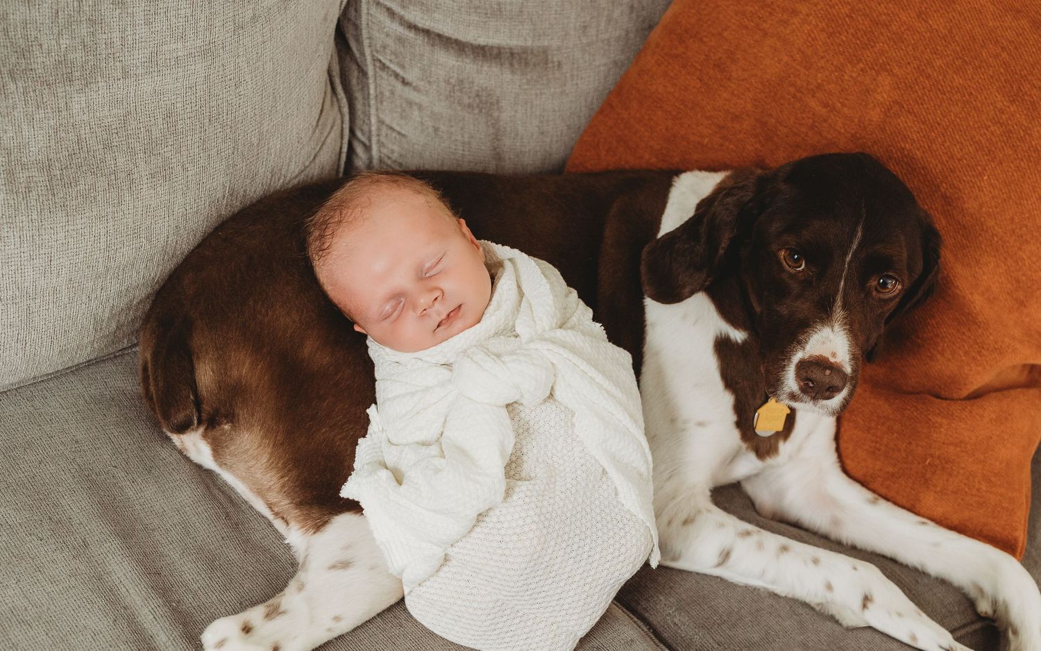 Lifestyle newborn photography session with warm brown tones and soft natural lighting.