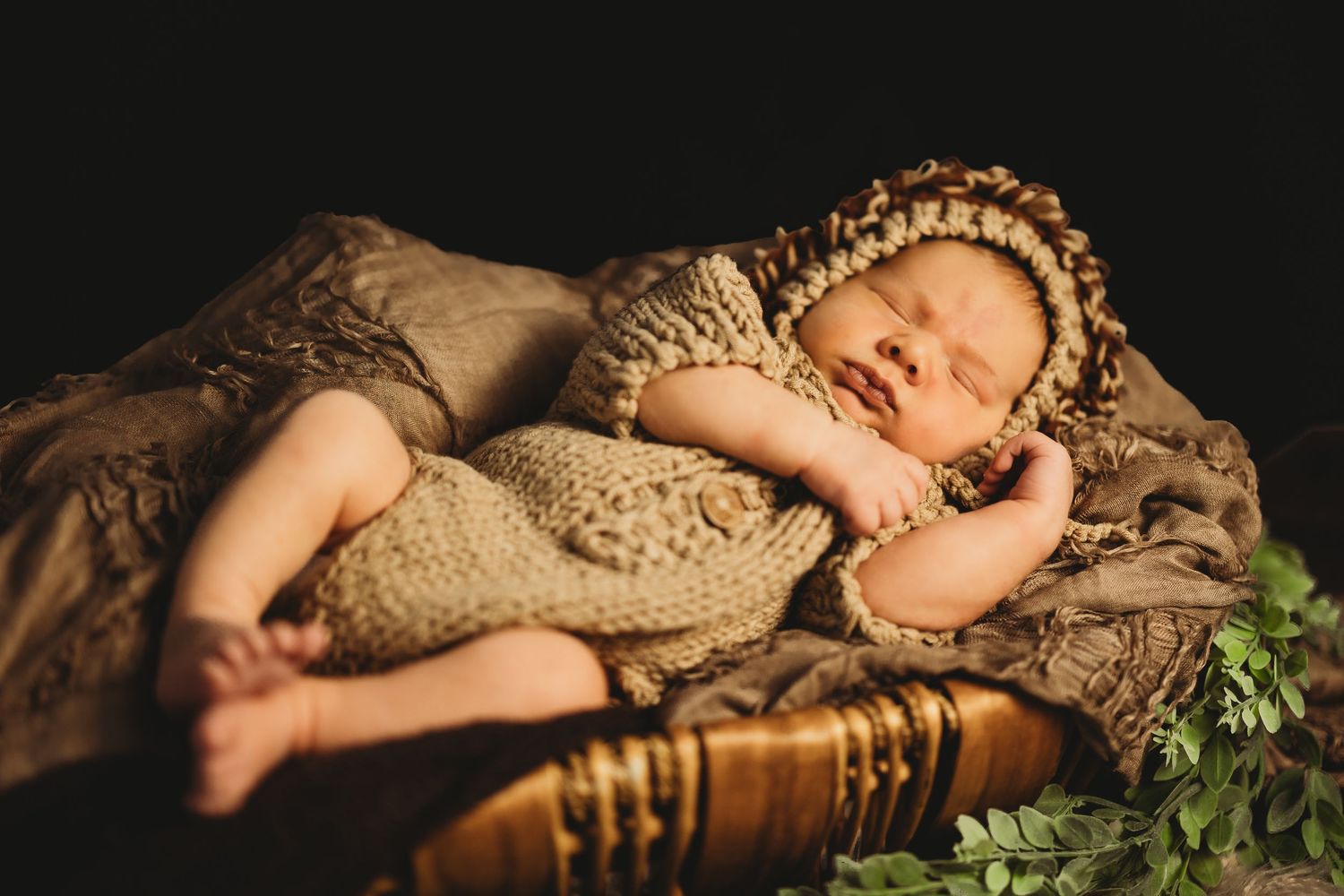 Peaceful newborn portrait with earth tones and natural elements in dramatic lighting.