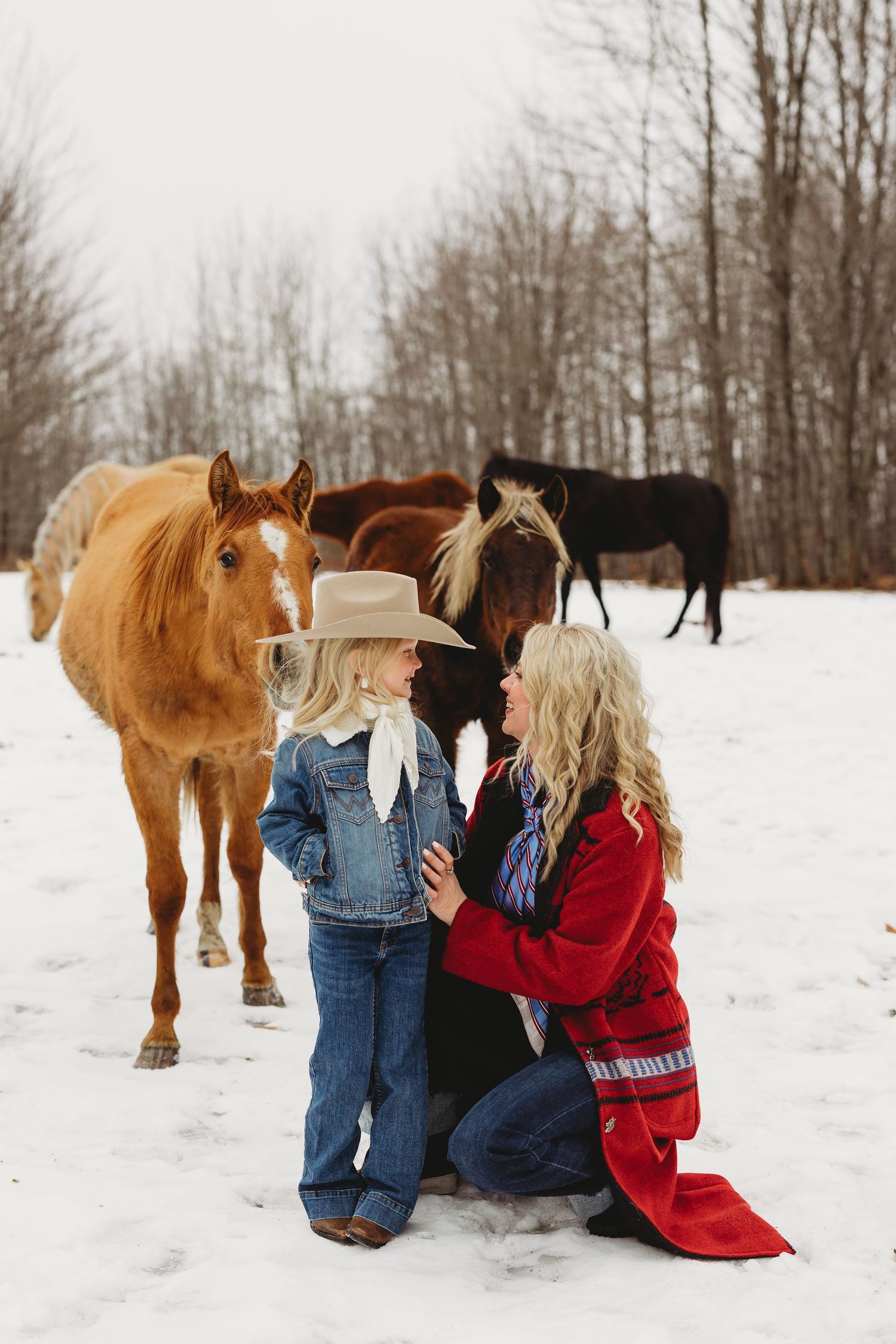 A couple sits in snowy field with brown horses grazing in winter landscape with bare trees in background.