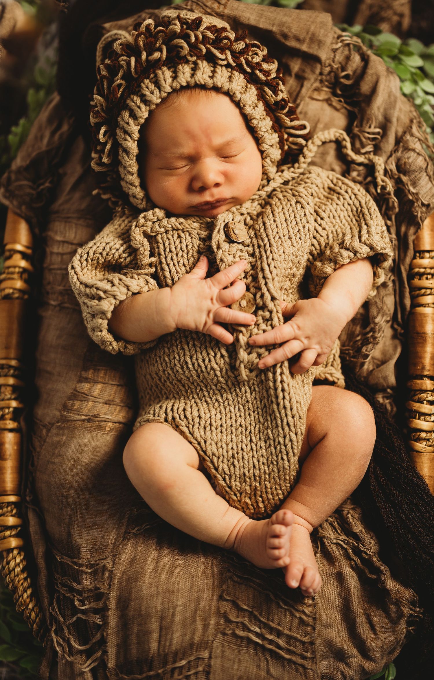 Newborn wearing knitted brown outfit sleeping peacefully in rustic wooden setting with greenery.