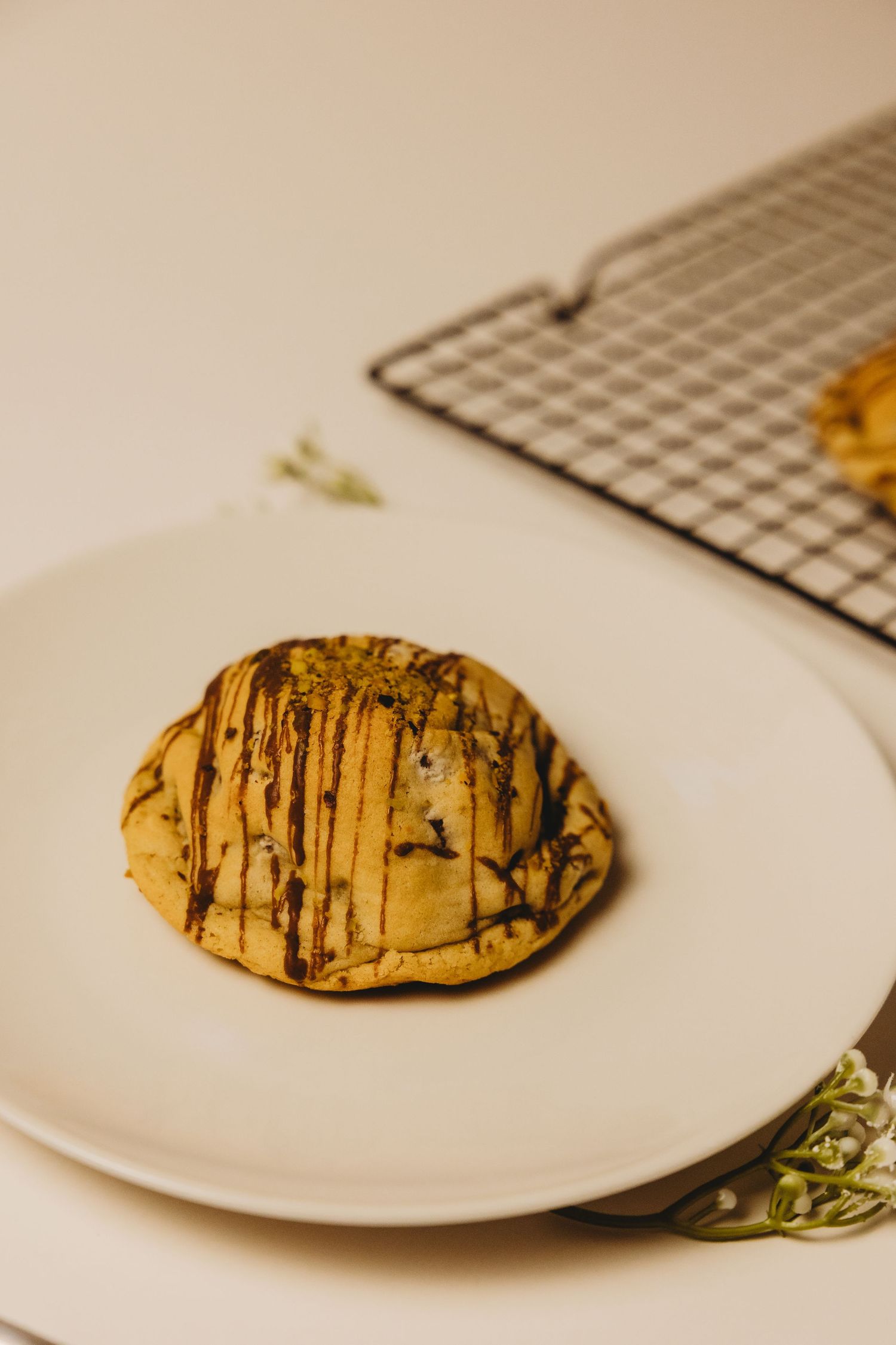 A chocolate-drizzled cookie on a white plate with a cooling rack in the background.