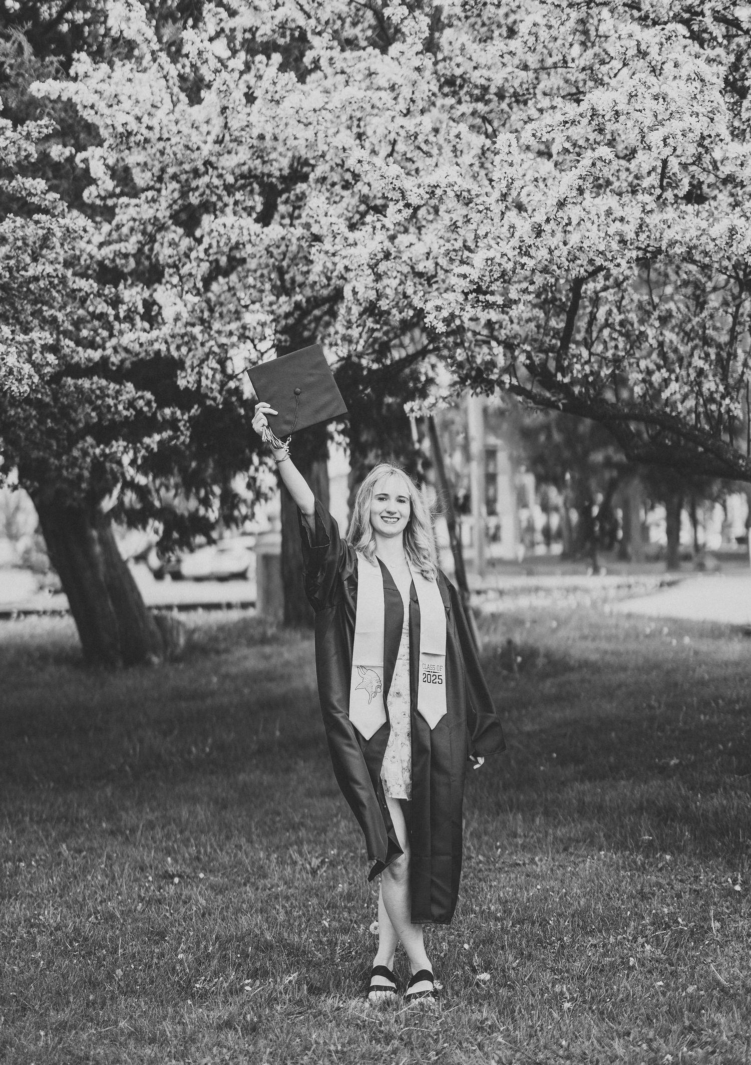 Black and white graduation photos under flowering trees with traditional academic regalia.