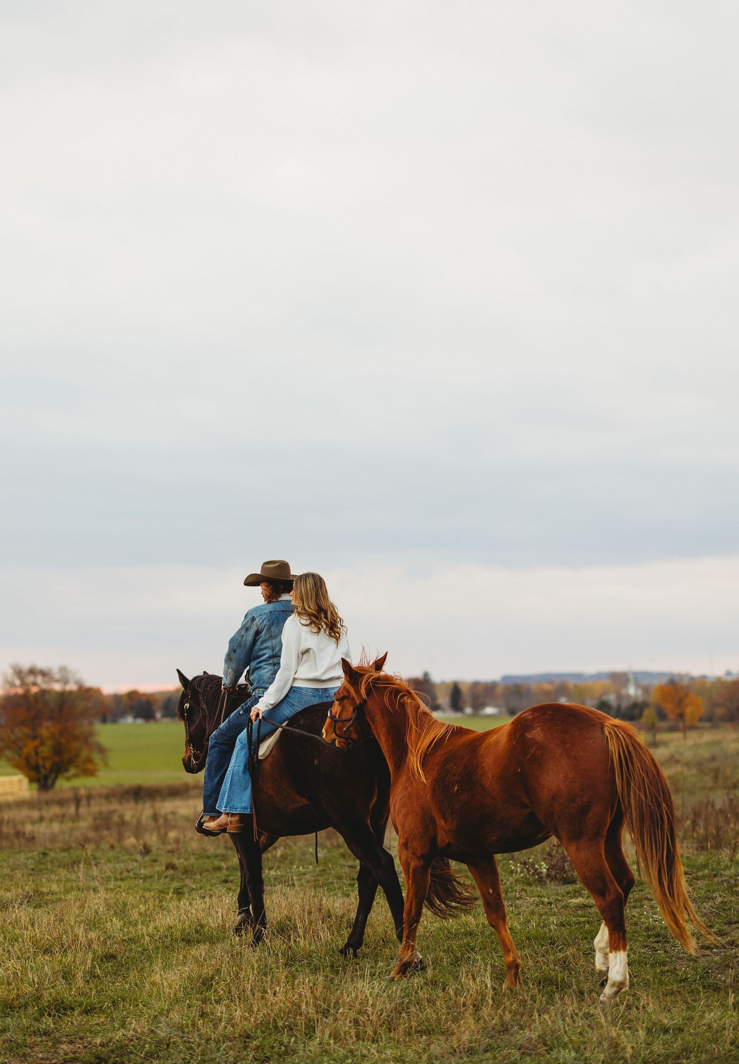 Three horses and their handlers stand together in an autumn field.