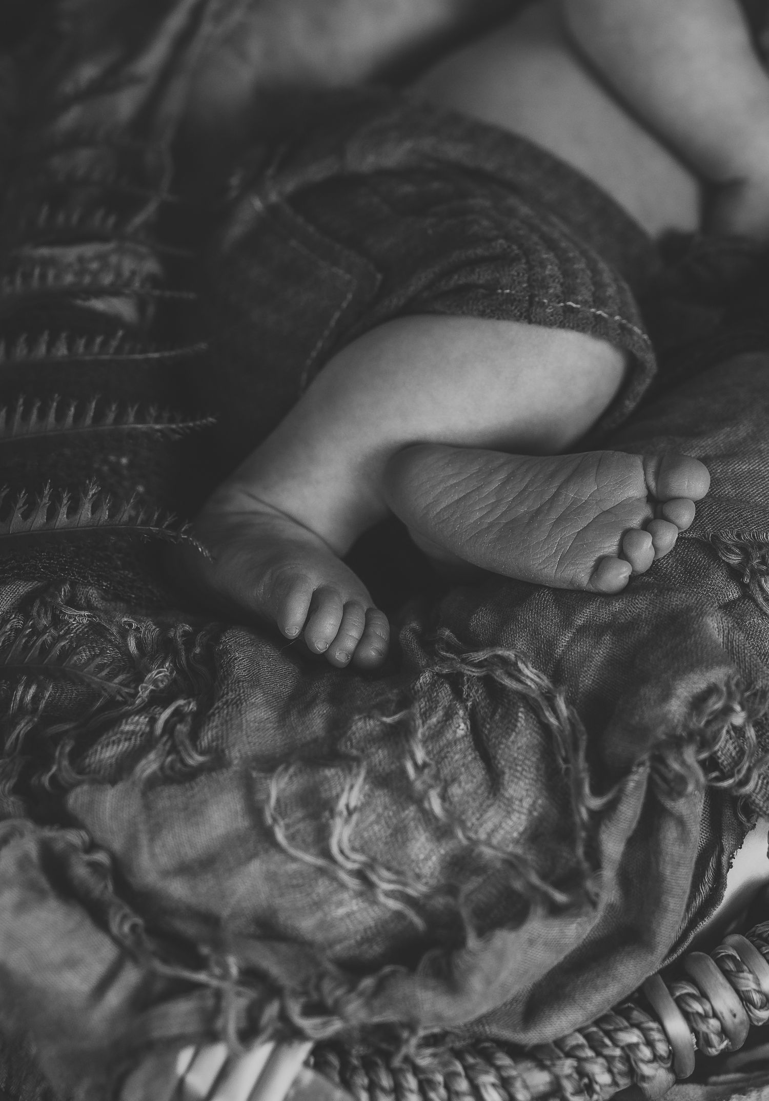 Black and white close-up photo of newborn baby feet resting on a soft textured blanket.