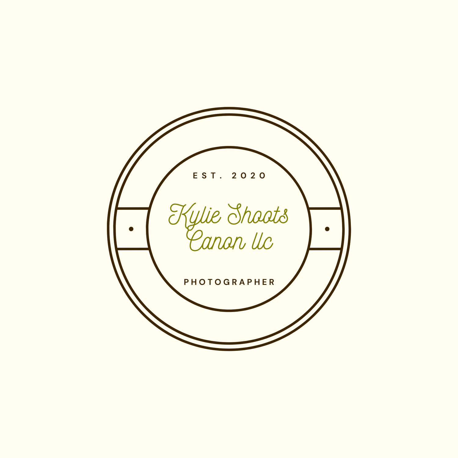 Circular vintage logo for Kylie Shoots Canon LLC, a photographer, established 2020, featuring olive green script text.