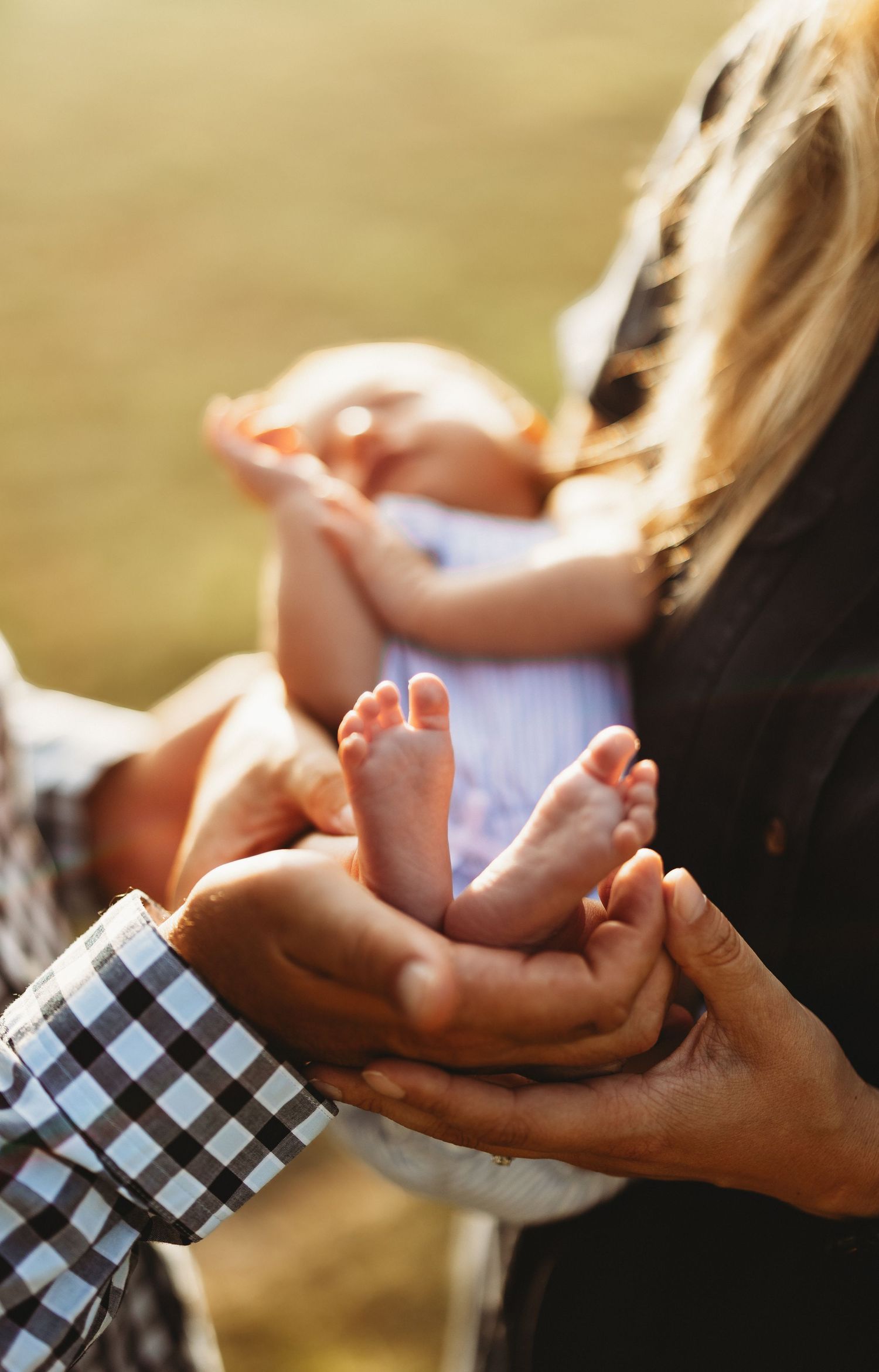 A person's hands gently cradle tiny newborn baby feet in soft natural lighting.