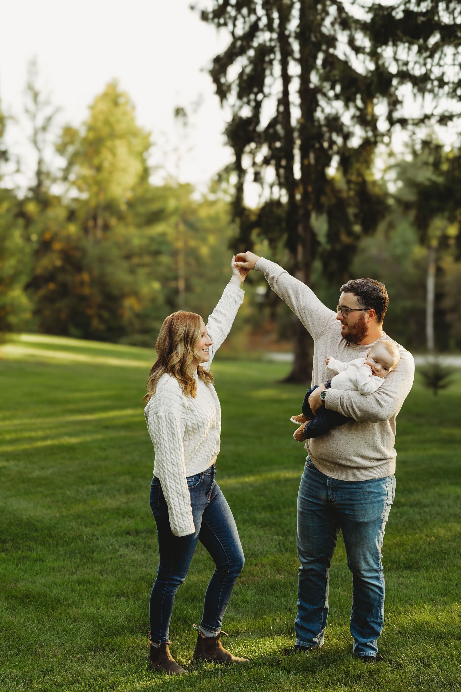 Playful outdoor photo sequence showing joyful dancing movements on a grassy hill.