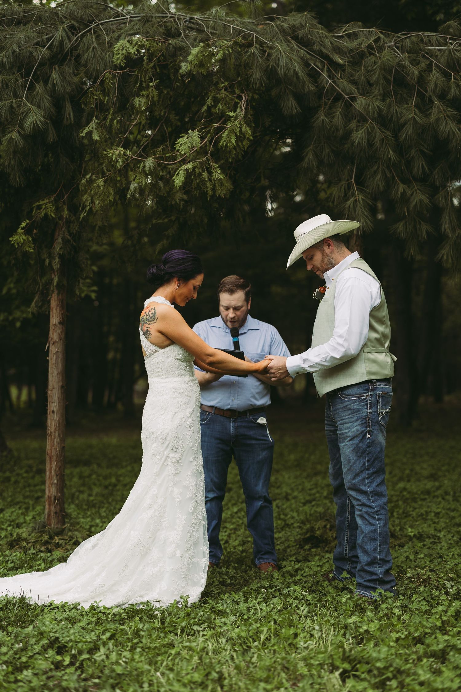 Wedding photography sequence in a forest setting with casual country western attire.