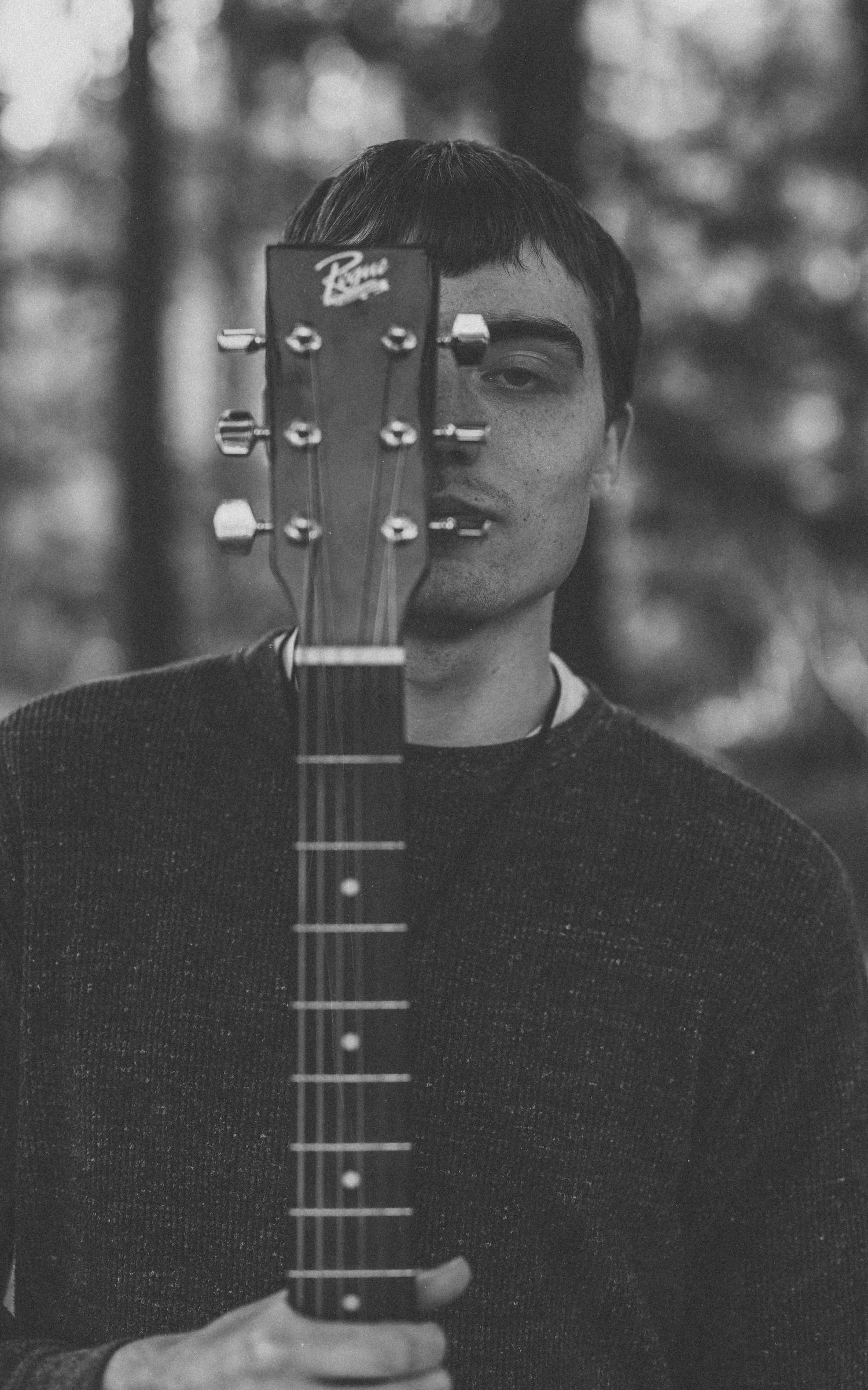 Close-up details of acoustic guitar headstock and neck in moody black and white photography.