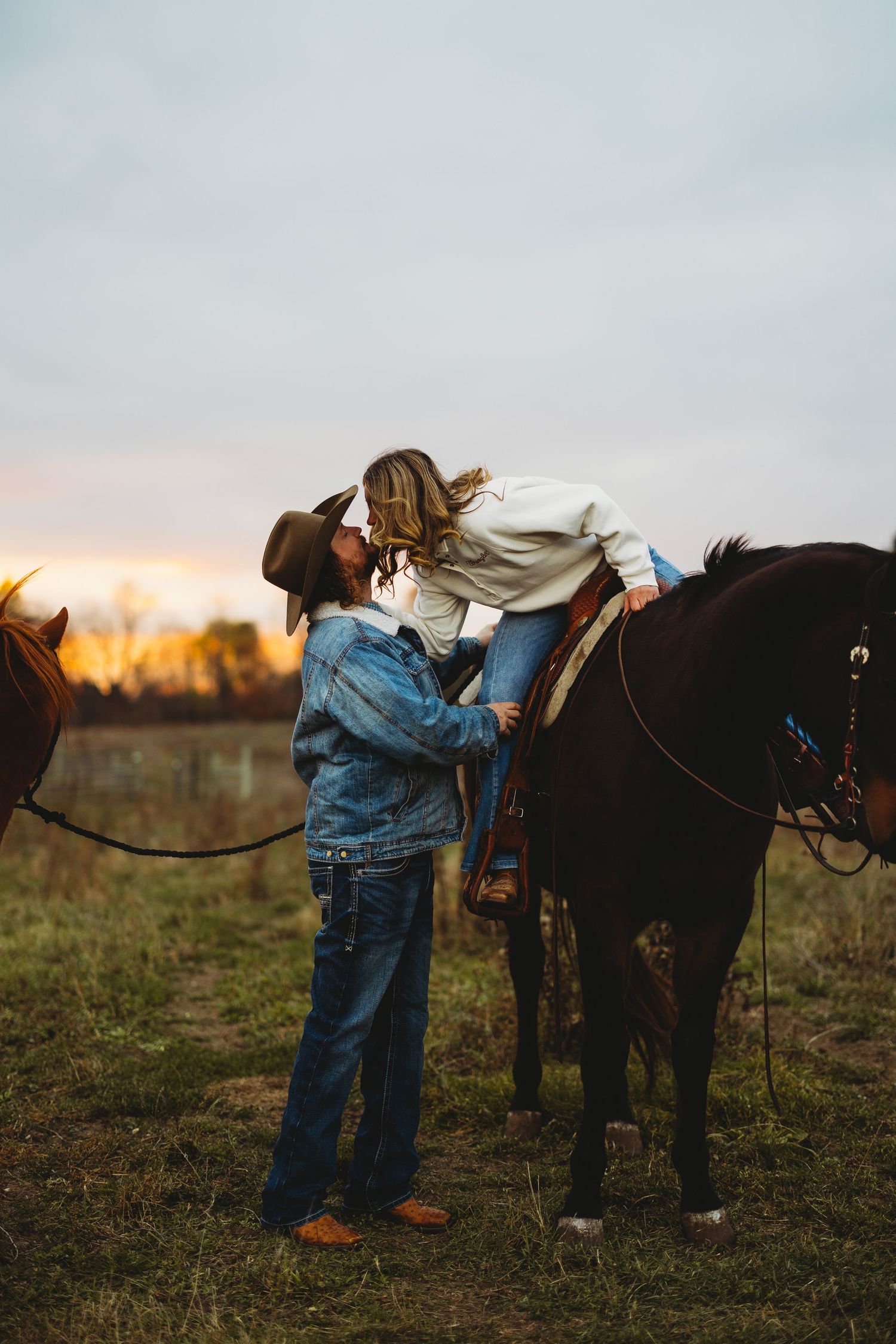 People interacting with horses in a field during golden hour.