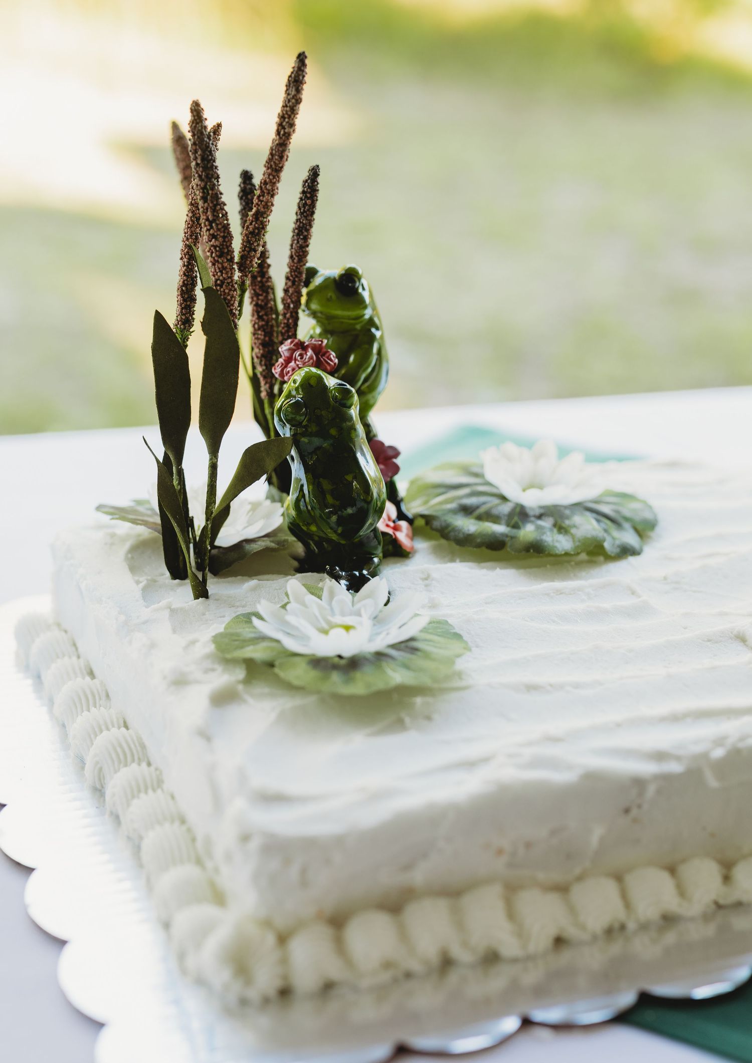 White frosted sheet cake decorated with green frog figurines, cattail reeds and lily pad flowers, set on a table outdoors.