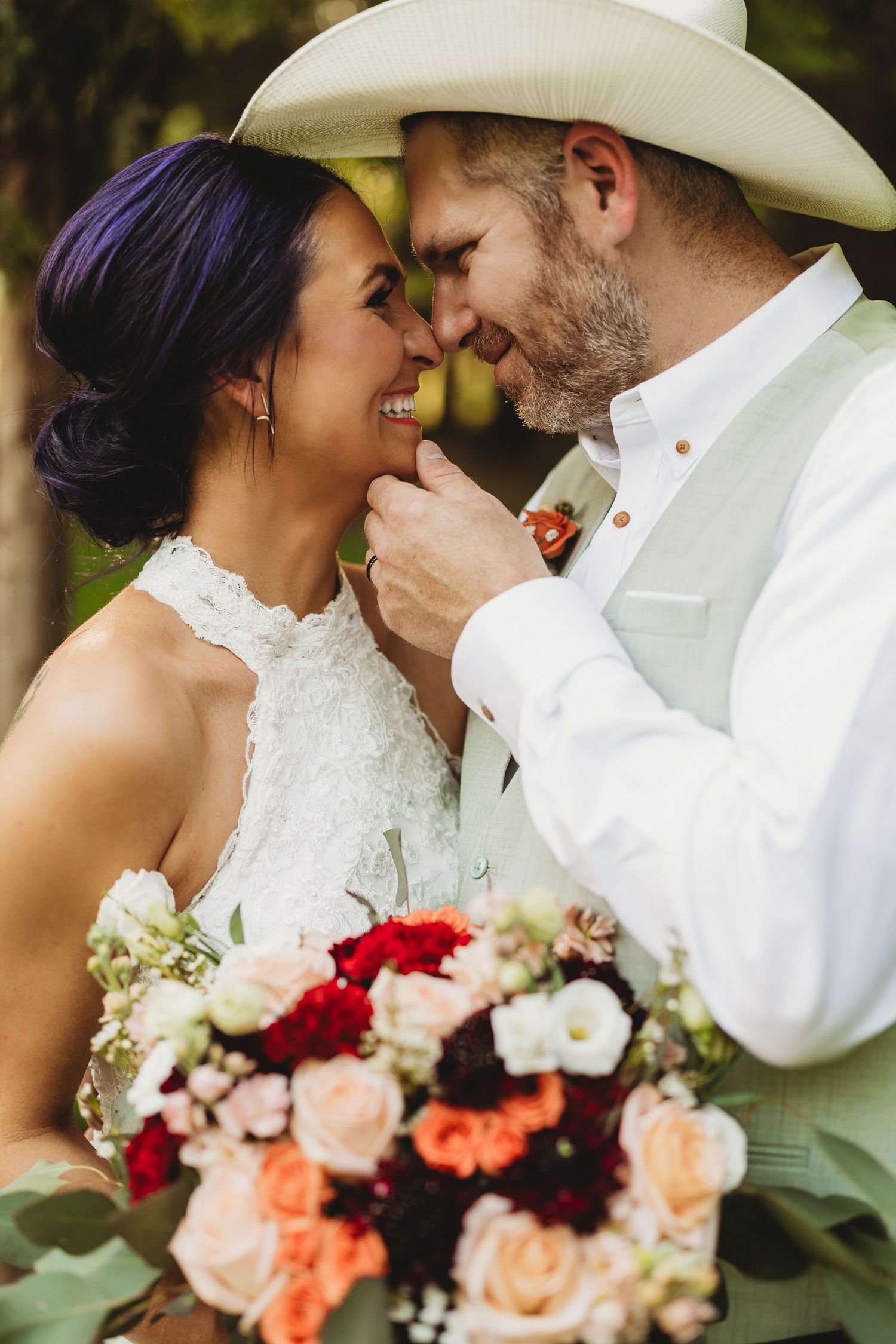 A romantic wedding photo sequence showing tender moments between the couple with a beautiful floral bouquet.
