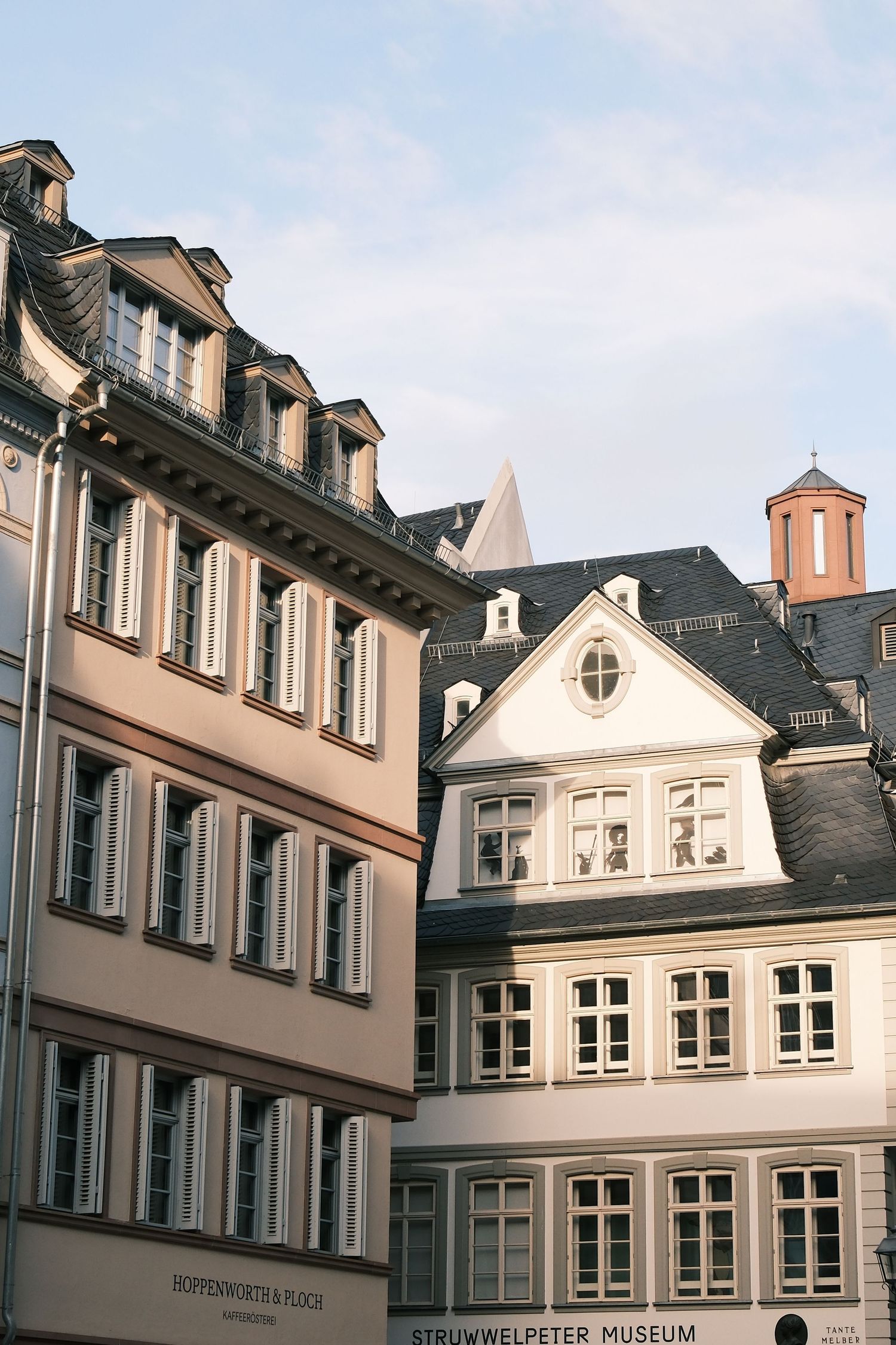 Historic European buildings including the Struwwelpeter Museum in Frankfurt, Germany, under a partly cloudy sky.