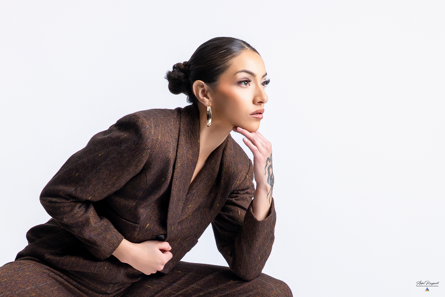 Professional portrait series showing elegant poses in brown outfit against white background.