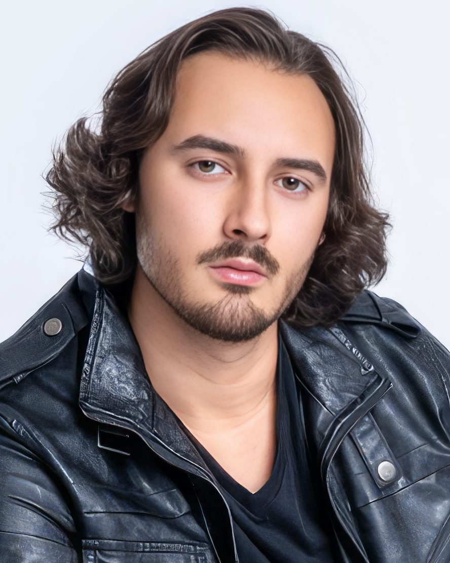 A series of four headshots showing a person with long dark hair and facial hair wearing a black leather jacket.