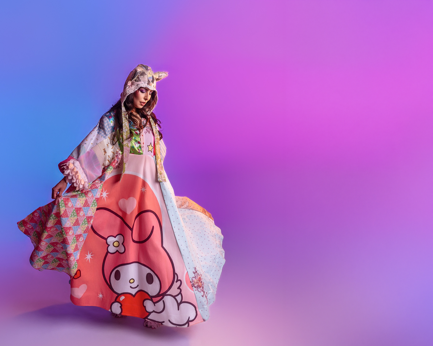 Whimsical dress featuring My Melody character against vibrant gradient backdrop.