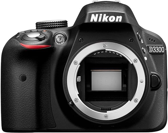 Nikon D3300 DSLR camera body in black with mount exposed on white background.