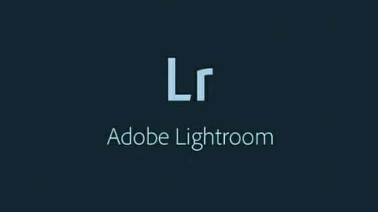 Adobe Lightroom logo on dark navy background with Lr icon and brand name.